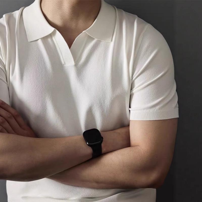 ポロシャツ メンズ 男性用 Vネック 半袖 ニット Tシャツ 無地 白 ホワイト スリムフィット 細身 レトロ アメカジ カジュアル ポリエステル 薄手 普段使い 洗濯機洗い可 夏 サマー