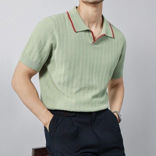 POLOシャツ メンズ ニット 襟付き 配色 半袖 カジュアル 通気性 接触冷感 ルーズフィット ポリエステル 春夏 普段使い 着回し 黒 薄緑 カーキ