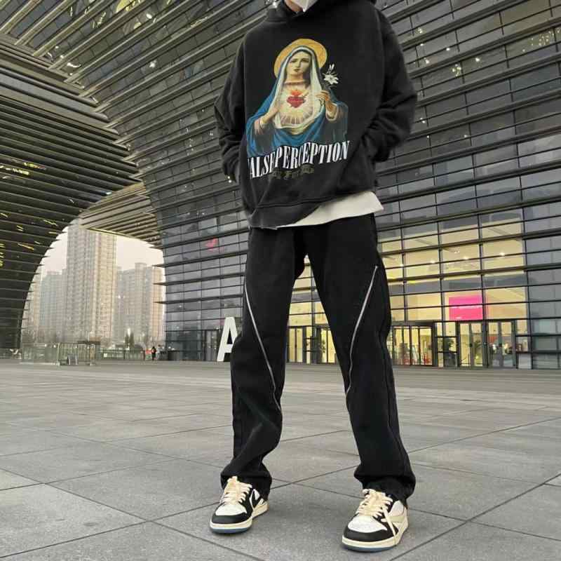 デニムパンツ メンズ アメカジ ストリート系 ヒップホップ カジュアル ルーズ ストレート ウォッシュ加工 個性派 レトロ ヴィンテージ風 綿素材 ブラック ジップフライ 切り替え ジップ装飾