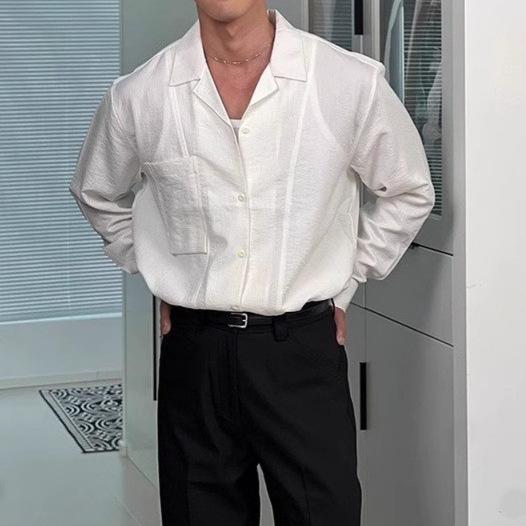 シャツ メンズ 春夏 きれいめ 大人のカジュアル 性 個性的 高級感 オープンカラー 長袖 ゆったり オーバーサイズ ドレープ感 とろみ感 無地 ポリエステル ノーアイロン イージーケア 普段使い デイリーユース