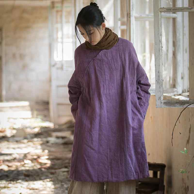 中綿コート レディース 秋冬 ラミー麻 綿麻 絞り染め タイダイ柄 厚手 暖か ミドル丈 丸首 クルーネック レトロモダン カジュアル 防寒 アウター 多色展開