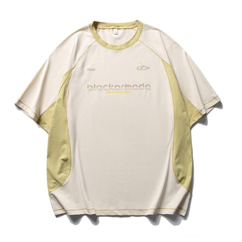 Tシャツ メンズ 男性用 切り替え レタリングプリント 春夏 ルーズシルエット ゆったり ビッグシルエット ストリート カジュアル クルーネック 半袖 スポーツミックス ポリエステル 通気性 普段使い