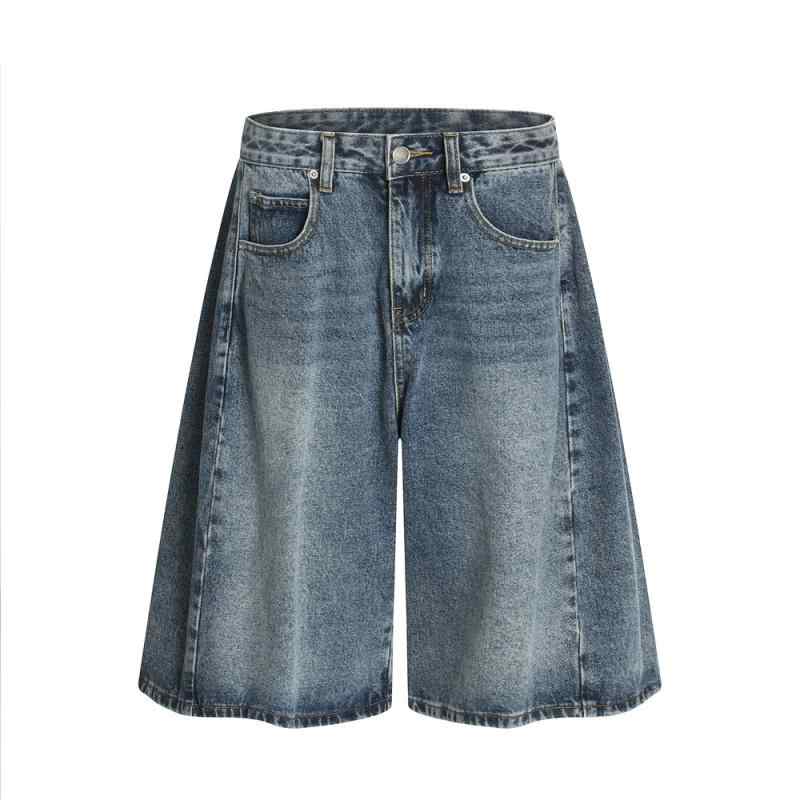 デニム ショートパンツ メンズ アメカジ ストリート レトロ ゆったり ルーズフィット ワイド ハーフパンツ ウォッシュ加工 ダメージ加工 ブリーチ加工 コットン 春夏 カジュアル
