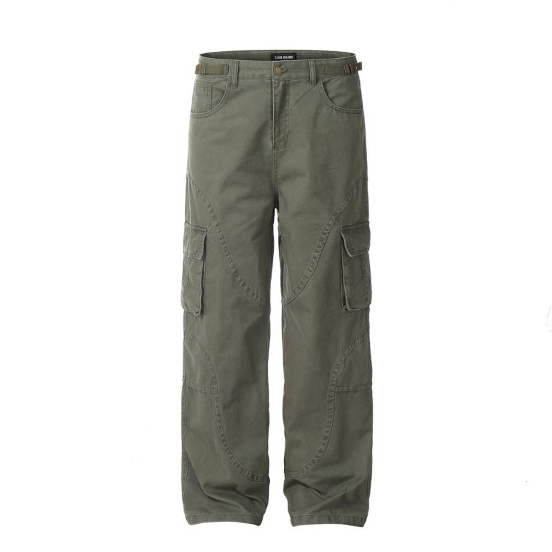 カーゴパンツ メンズ 男性用 ストリートファッション 切り替え 多ポケット ルーズフィット ウォッシュドデニム ワイドストレート ロングパンツ 丈夫 コットン