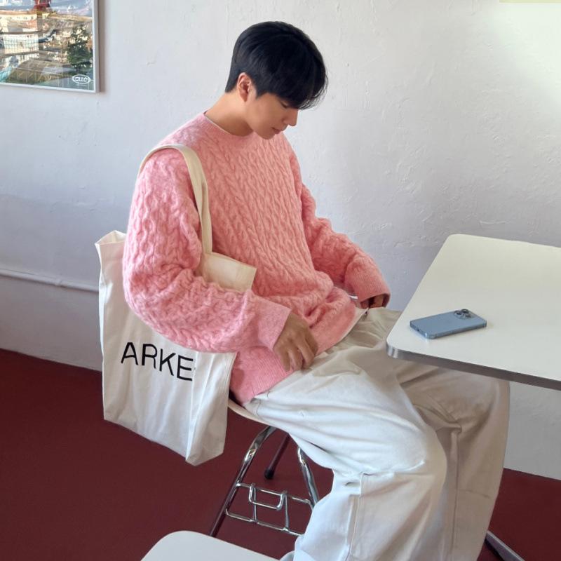 ニット メンズ ケーブル編み プルオーバー 厚手 クルーネック 保温 あったか 長袖 秋冬 韓国 シンプル カジュアル 若者向け ゆったり 綿混 イージーケア