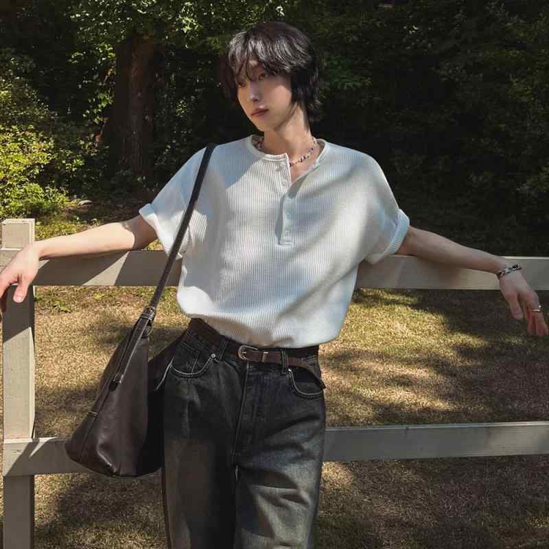 Tシャツ メンズ 綿 ヘンリーネック 半袖 ゆったり オーバーサイズ 通気性 吸湿速乾 カジュアル 普段使い 韓国 オールドマネー風 春夏