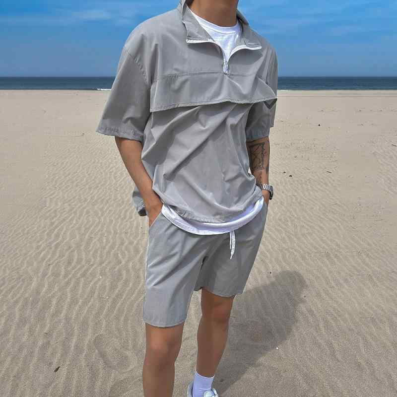 セットアップ ユニセックス 春夏 ハーフジップ 半袖Tシャツ ショートパンツ 韓国 レトロ カジュアル ゆったり 機能性 スポーツ ルームウェア 普段着 ポリエステル