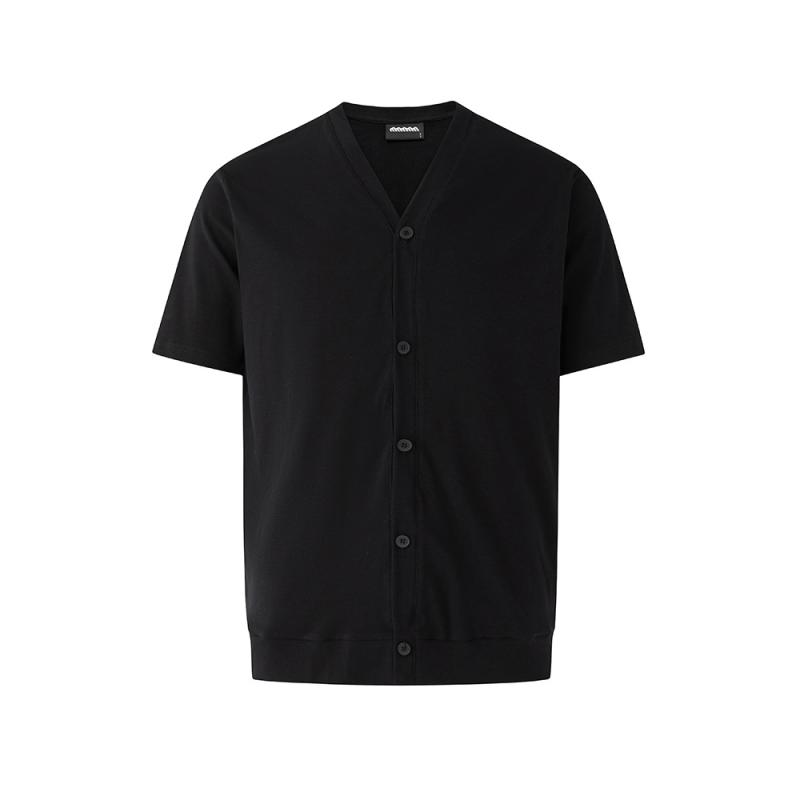 Tシャツ メンズ 前開き Vネック 半袖 韓国ファッション スリムフィット 通勤 ビジネス きれいめ カジュアル 無地 コットン 綿混 伸縮性 通気性 形態安定 ブラック 春夏