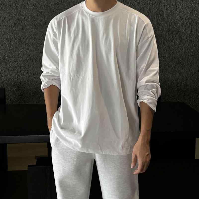 Tシャツ メンズ シンプル 無地 長袖 ゆったり コットン クルーネック ドロップショルダー ベーシック 韓国 春夏 インナー ルーズフィット 大きいサイズ カジュアル 普段使い
