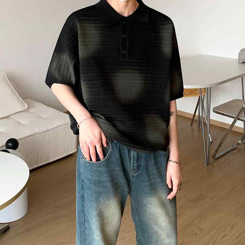 ポロシャツ メンズ 男性用 韓国 性 カジュアル 普段使い 無地 ゆったり ルーズフィット 半袖 襟付き 春夏 ブラック 再生繊維