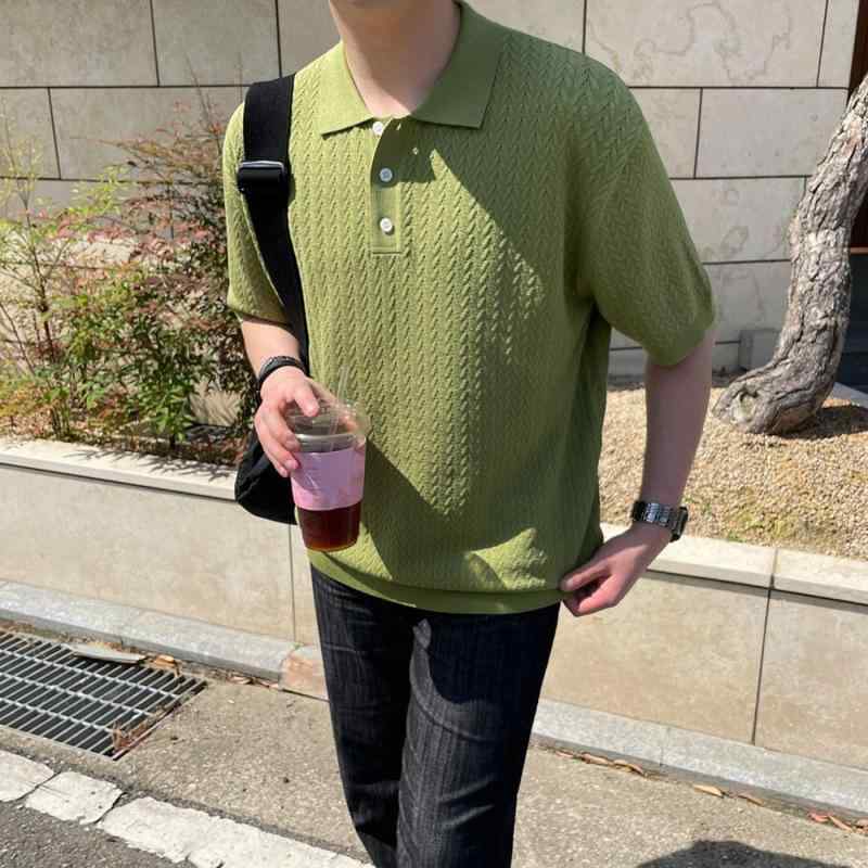 ポロシャツ メンズ 男性用 大人 シンプル 襟付き 半袖 ニット ナイロン素材 夏 サマー ゆったり ルーズフィット 韓国ファッション トレンド レトロ カジュアル 普段使い ビジネスシーン ビジネスカジュアル グリーン ブラック