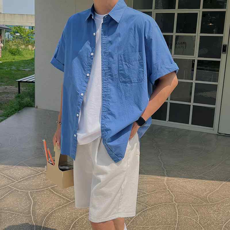 シャツ メンズ 綿麻素材 半袖 開襟 ビッグシルエット ルーズフィット 無地 春夏 アメリカンヴィンテージ風 レトロ 普段使い カジュアル 羽織り 清涼感 薄手 通気性