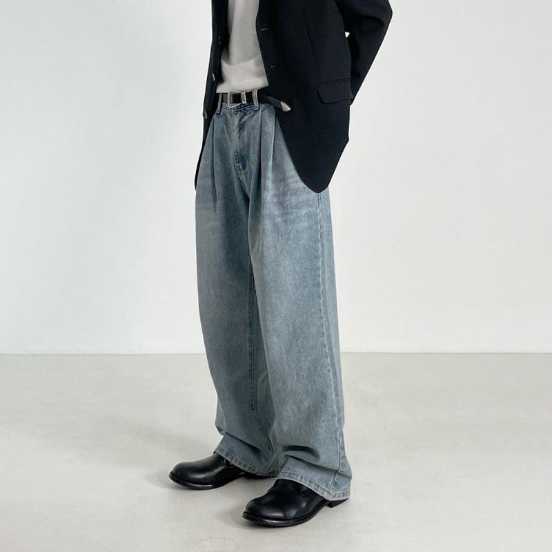 デニムパンツ メンズ 男性用 レトロ ウォッシュ加工 ゆったり ルーズフィット ストレート ワイドシルエット 韓国 トレンド カジュアル 普段使い ストリート ブルー 微ストレッチ 大きいサイズ ポリエステル｜おうち健康生活