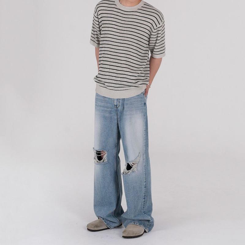 デニムパンツ メンズ 男性用 ゆったり ルーズ ストレートシルエット 丈長め ダメージ加工 ウォッシュ加工 クラッシュ ヴィンテージ風加工 ジーンズ 夏 カジュアル 普段使い ロングパンツ 韓国 トレンド 綿 コットン ライトブルー