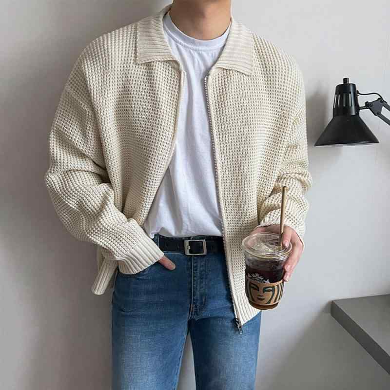 ニットカーディガン メンズ 男性用 長袖 襟付き ゆったり ルーズ オーバーサイズ コットン 綿 春秋 韓国ファッション トレンド カジュアル 無地 アイボリー ブラック 大きいサイズ 普段使い インターシャ編み トップス 4,971円