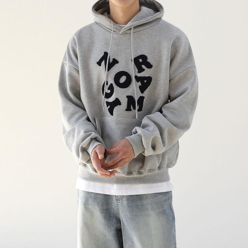 スウェット メンズ 男性用 パーカー フード付き 長袖 プルオーバー 裏起毛 刺繍 ゆったり ビッグシルエット オーバーサイズ カジュアル 韓国ファッション コットン 綿 春秋 グレー ブラック
