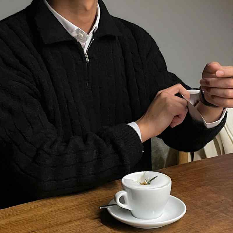 ニット メンズ 男性用 ハーフジップ ハイネック ケーブル編み プルオーバー セーター ゆったり ルーズフィット 暖かい 防寒 保温 カジュアル トレンド トップス 秋冬｜おうち健康生活