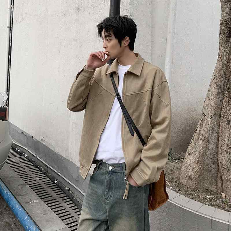 ジャケット メンズ ショート丈 高級感 洗練された 韓国 レトロ ゆったり オーバーサイズ 襟付き ドロップショルダー ジップアップ ポリエステル 麻混紡 カーキ 春アウター ブルゾン カジュアル 普段使い｜おうち健康生活