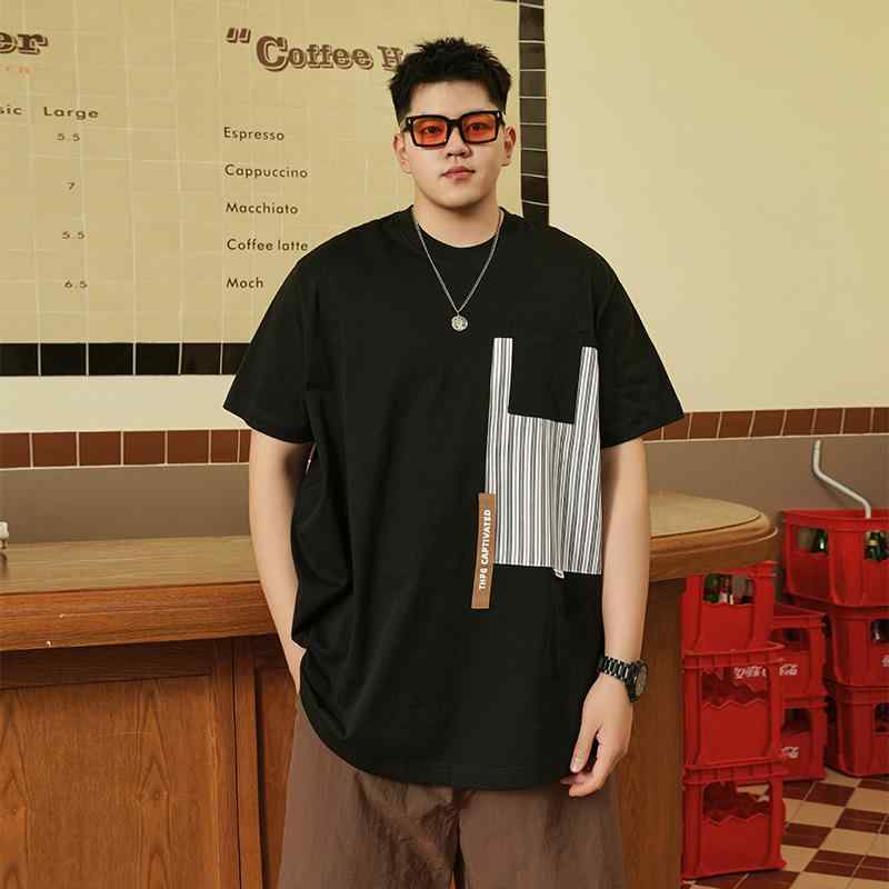 Tシャツ メンズ 大きいサイズ ビッグシルエット クルーネック 半袖 切り替え ゆったり カジュアル 薄手 透湿性 抗菌 純綿 コットン ブラック 夏 トップス 普段着 デイリーユース