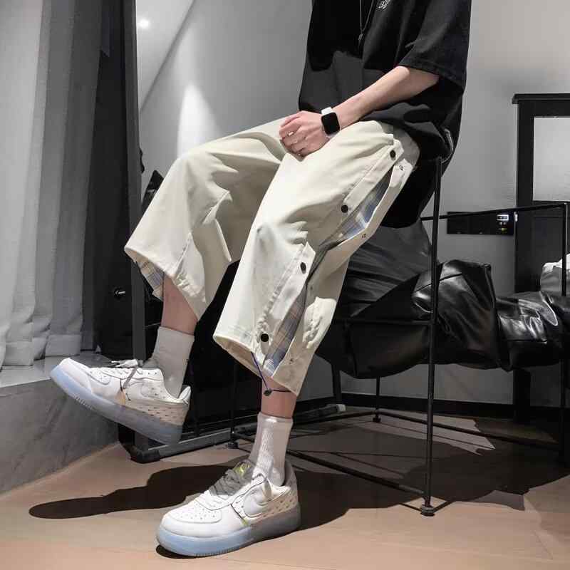 クロップドパンツ メンズ 男性用 ペイズリー柄 ボタン留め ゆったり ルーズフィット 大きいサイズ ビッグサイズ カジュアル 普段使い 韓国 トレンド 春夏 ポリエステル アプリコット ブラック ブルー