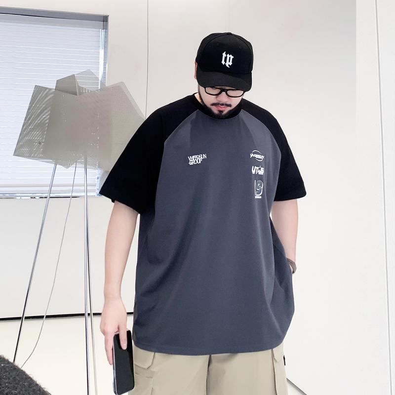 Tシャツ メンズ 大きいサイズ ゆったり ルーズフィット 夏物 ラグランスリーブ 配色 切り替え クルーネック 丸首 半袖 カジュアル 綿混 コットンブレンド 通気性 抗菌 速乾 ロゴ プリント 普段使い 部屋着 グレー系