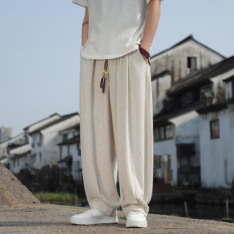 カジュアルパンツ メンズ 春夏 麻 リネン コットンリネン ゆったり ルーズフィット ワイドシルエット バルーンパンツ ドレープ 落ち感 新チャイナスタイル 薄手 普段使い リラックス