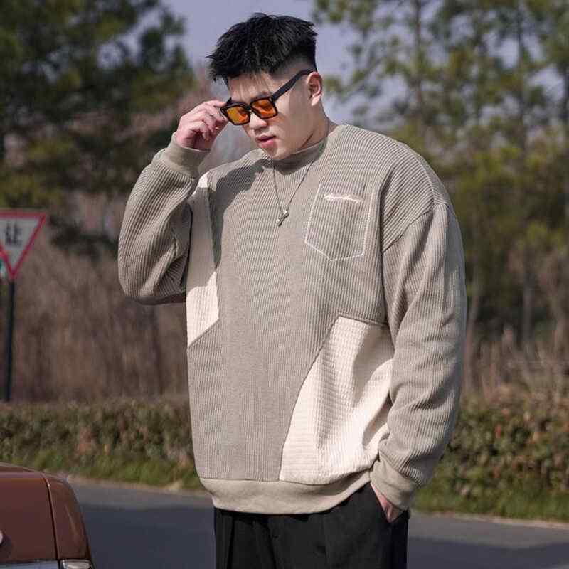 トレーナー メンズ 男性用 春秋 ニット 長袖 ゆったり オーバーサイズ 大きいサイズ クルーネック 丸首 プルオーバー レトロ カジュアル 切り替え 配色 ポリエステル ロゴプリント 普段使い デイリーユース