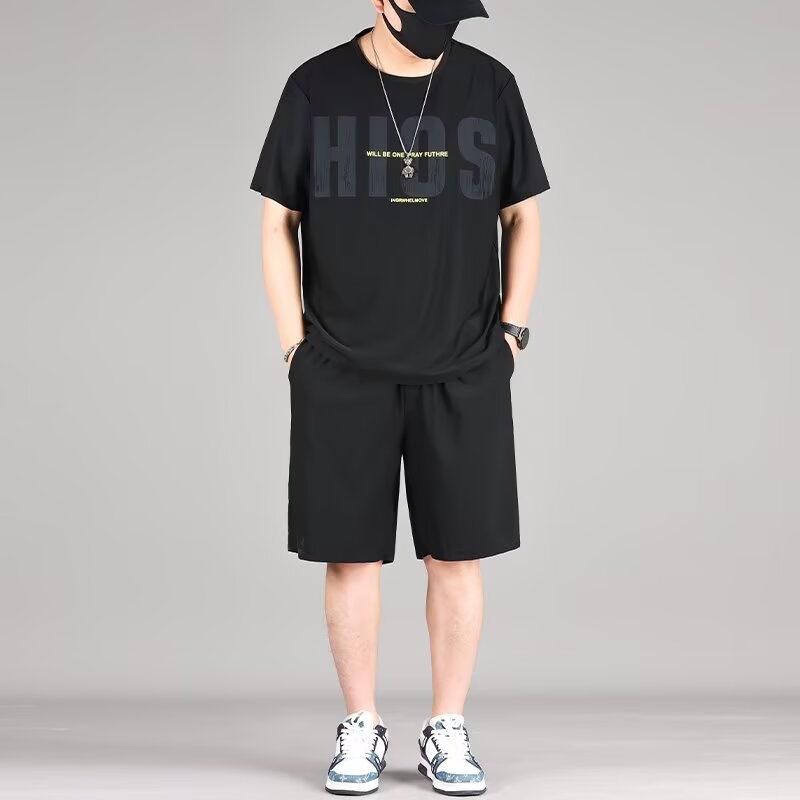 スポーツセットアップ メンズ 大きいサイズ ビッグサイズ ゆったり ルーズ 接触冷感 速乾 半袖Tシャツ ショートパンツ 2点セット カジュアル スポーツウェア 普段使い 春夏 ブラック