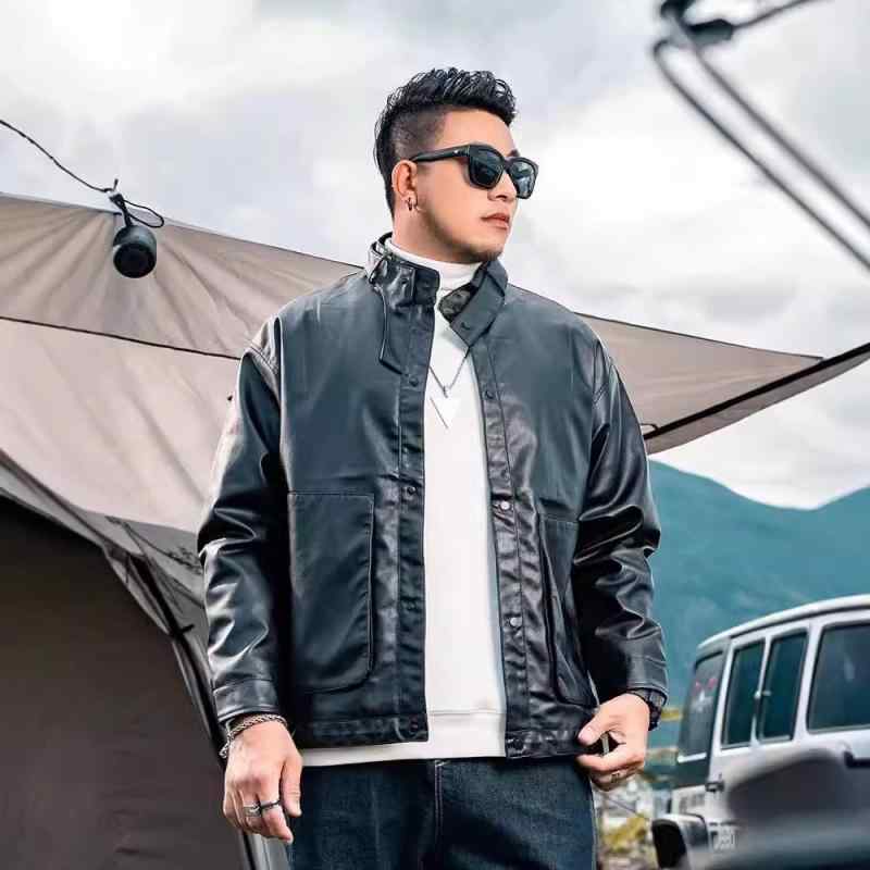 レザージャケット 革ジャン メンズ 男性用 アメカジ ストリート スタンドカラー PUレザー 防風 ゆったり ルーズフィット オーバーサイズ 大きいサイズ ビッグサイズ 秋冬 ブラック 多ポケット アウター