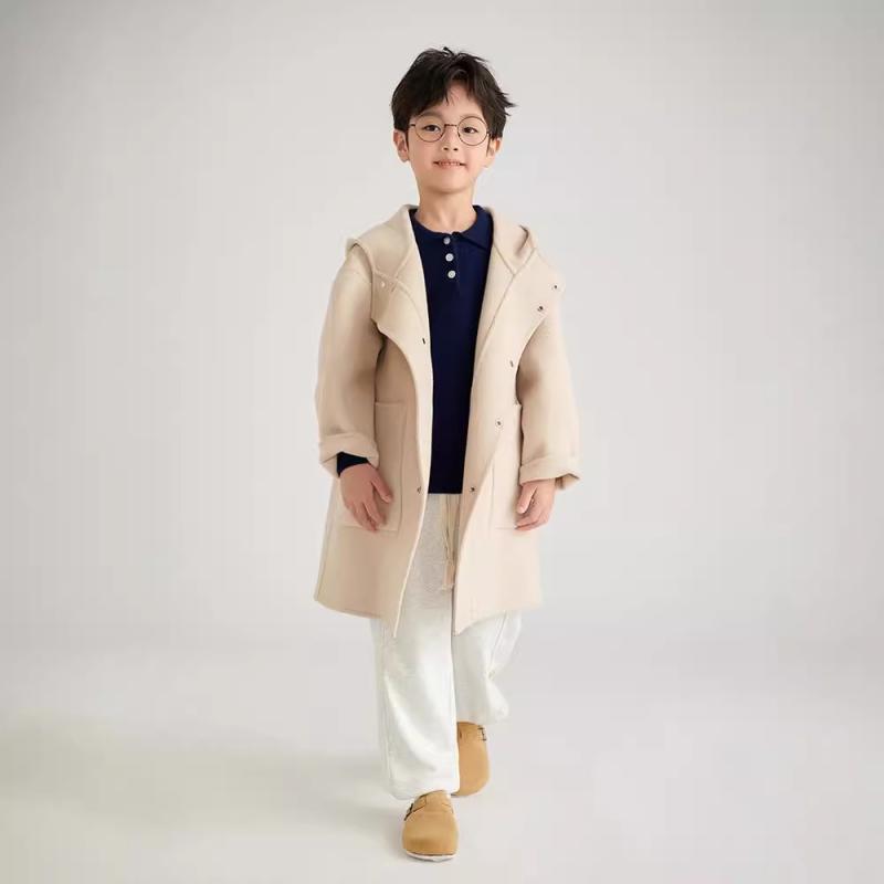 コート キッズ 男女兼用 ダブルフェイス ウール フード付き ミドル丈 厚手 秋冬 防寒 アウター 長袖 無地 シングルボタン カジュアル 8歳以上向け｜おうち健康生活