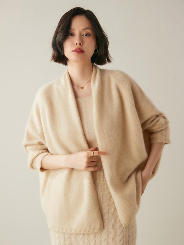 カーディガン レディース カシミヤ混 ウール混 ニット ゆったり 上品 通勤 カジュアル ドルマンスリーブ 長袖 ラメ 無地 ノーカラー ボタンなし ショール アウター 秋冬 ミドル丈 中厚手｜おうち健康生活