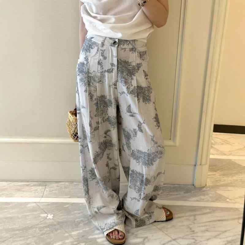 パンツ レディース レトロ 高級感 水墨柄プリント ハイウエスト ストレート ロング丈 カジュアルパンツ 春夏 薄手 普段使い 大人カジュアル リラックス 快適