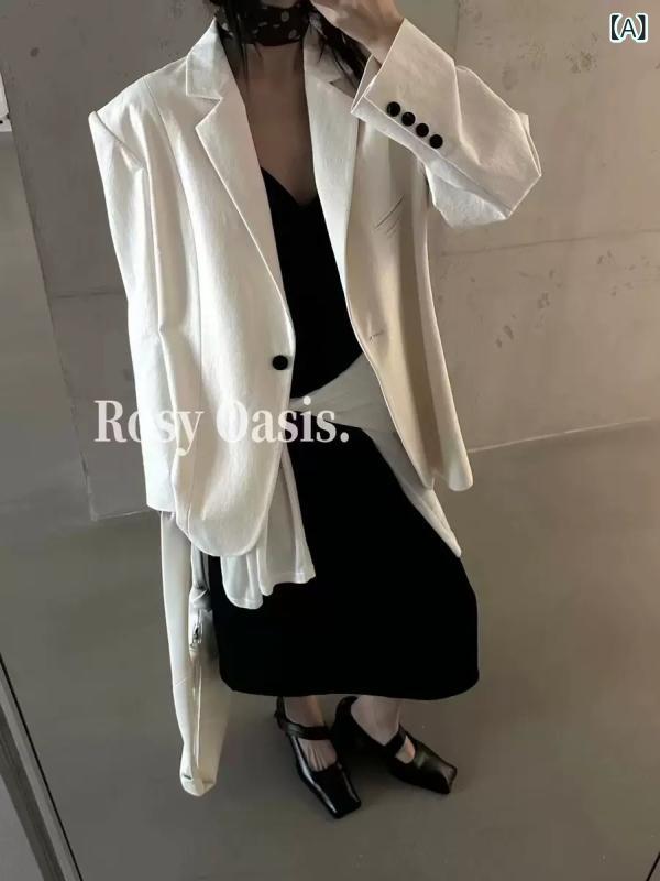 テーラードジャケット レディース 女性用 韓国 高級感 ゆったり オーバーサイズ ミドル丈 長袖 1つボタン ポケット付き カジュアル 綿 コットン 風合い アイボリー ブラウン 春夏｜おうち健康生活