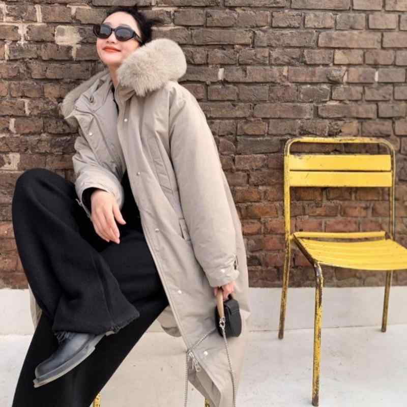 ダウンジャケット レディース フード付き フォックスファー ボリュームファー襟 ロング丈 高級感 おしゃれ ホワイトダックダウン 秋冬 防寒 極厚 ゆったり カジュアル 綿混 オフホワイト カーキ