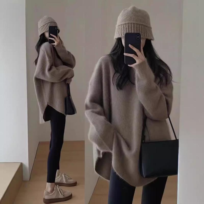 ニット レディース 羊毛 厚手 クルーネック プルオーバー セーター ミドル丈 チュニック丈 ゆったり ルーズシルエット オーバーサイズ トップス 防寒 秋冬 体型カバー 普段使い カジュアル｜おうち健康生活