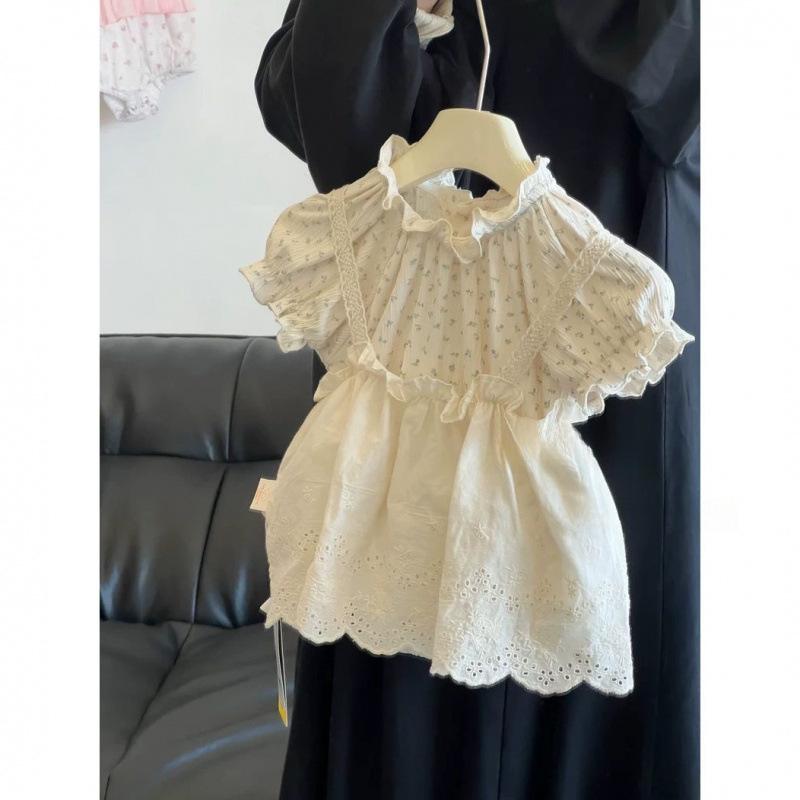 インスタ風 ベビー服 女の子 春夏 コットン 小花柄 フリル襟 半袖 ロンパース レイヤード キャミワンピース セットアップ ベージュ かわいい お出かけ 普段使い