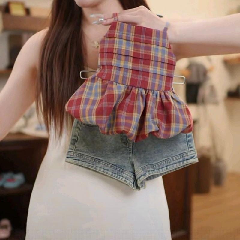 セットアップ 女の子 夏 韓国ファッション おしゃれ キャミソール レッドチェック柄 デニムショートパンツ 綿 薄手 ノースリーブ カジュアル