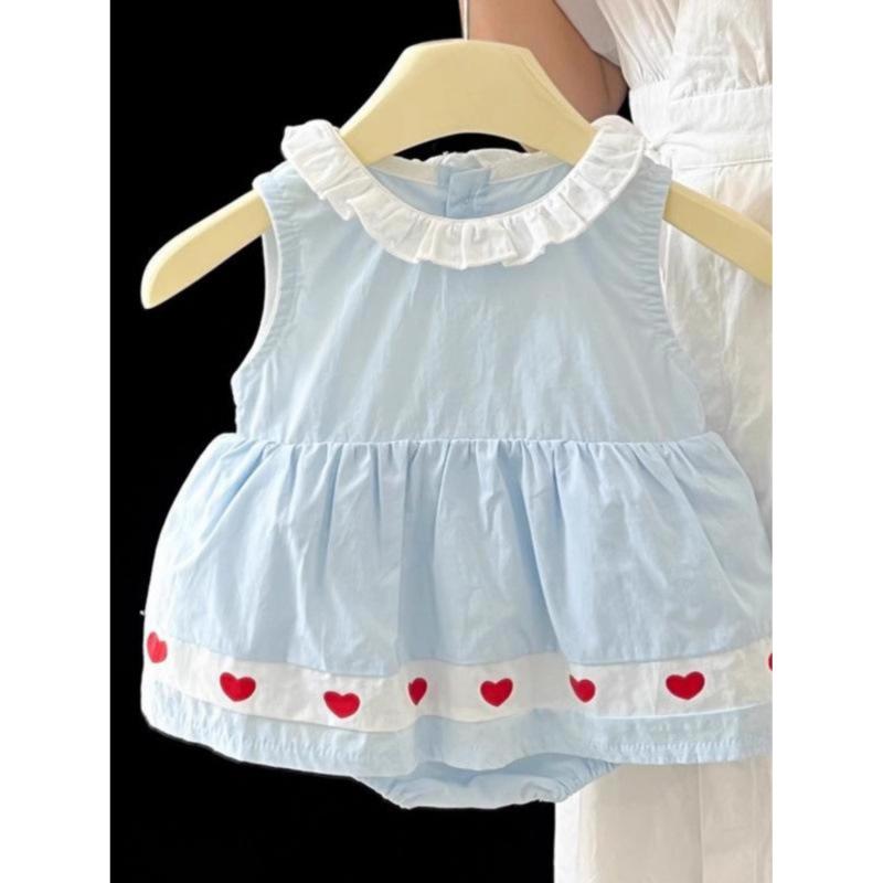 ベビー服 女の子 夏 ロンパースワンピース ノースリーブ 韓国 プリンセス かわいい おしゃれ とってもキュート スイート 綿素材 薄手 快適 通気性 涼しい 普段使い お出かけ ブルー