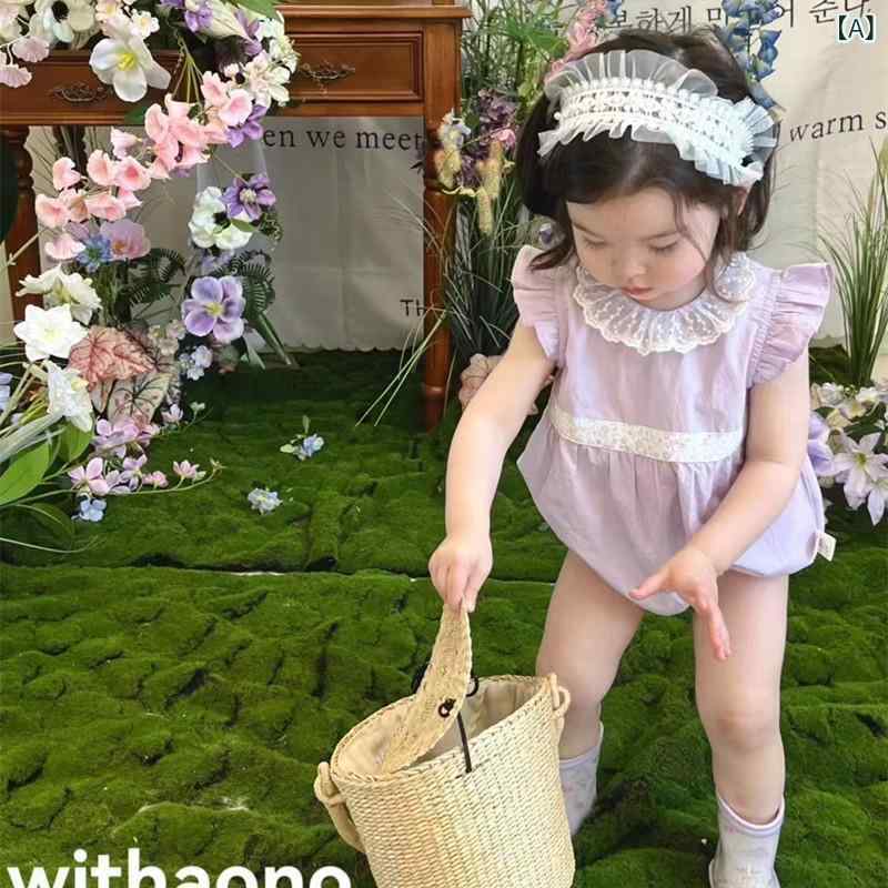 ロンパース 女の子 ベビー 乳幼児 パープル 小花柄 レトロ 韓国 スウィート 薄手 涼感 柔らか ノースリーブ 綿素材 春夏 カバーオール