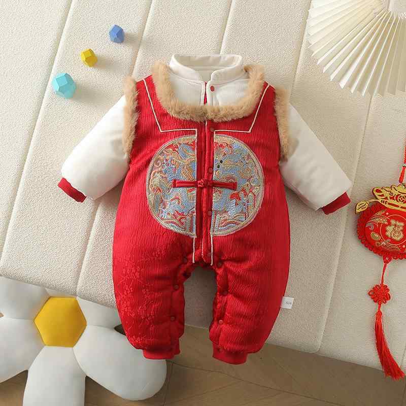 ロンパース ベビー 赤ちゃん 男の子 女の子 冬 お祝い着 お正月服 1歳 バースデー チャイナ風 中華風 龍柄 ドラゴンモチーフ 厚手 保温 防寒 ポリエステル混紡 つなぎ フードなし 記念写真 セレモニーウェア