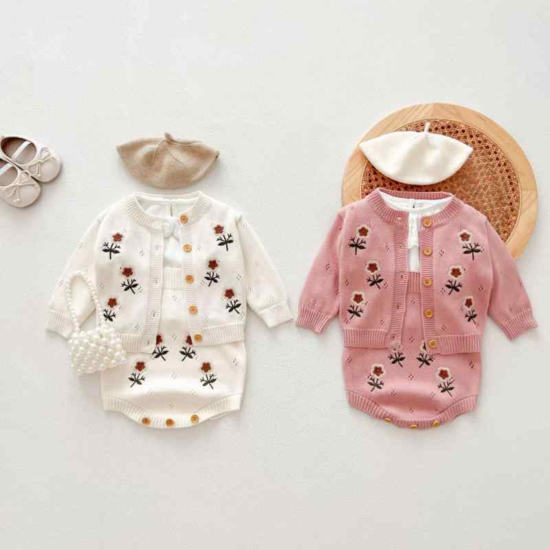 ベビー服 セットアップ 女の子 乳幼児 上品な刺繍 ニット セーター 長袖 アウター ロンパース カバーオール 綿 柔らかい肌触り 秋冬