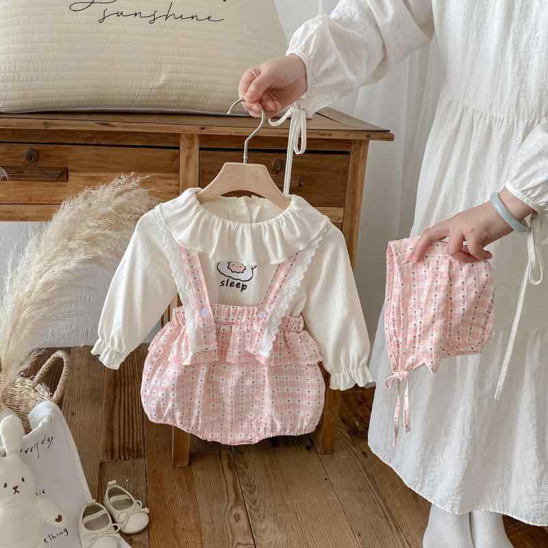 ベビー服 女の子 秋冬 綿 長袖 フード付き 韓国 ロンパース Tシャツ サロペット 3点セット ピンク 普段使い お出かけ