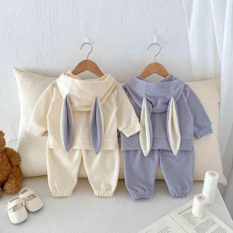 キッズ ベビー服 女の子 うさぎ耳 フード付き ジャケット パンツ 2点セット セットアップ 秋冬 コットン 綿 柔らかな肌触り かわいい 普段着 部屋着 幼児 1歳 2歳 3歳 アプリコット グレー