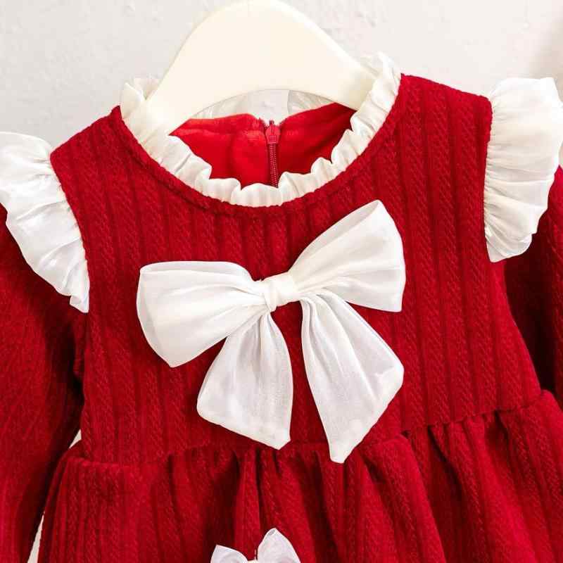 ワンピース キッズ 女の子 秋冬 裏起毛 厚手 防寒 コットン プリンセスドレス Aライン フォーマル セレモニー 誕生日 発表会 お呼ばれ 赤 レッド レース 長袖 子供服