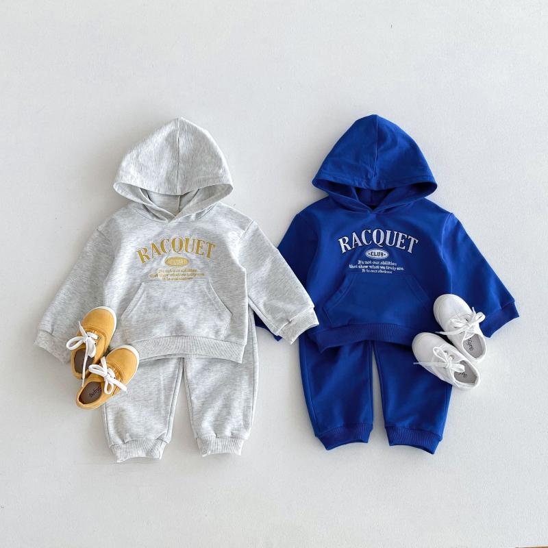 キッズ 子供服 男女兼用 韓国 春秋 コットン フード付き 配色切り替え ロゴ ビッグポケット 長袖 トレーナー 長ズボン セットアップ カジュアル 柔らかい 通学 普段着