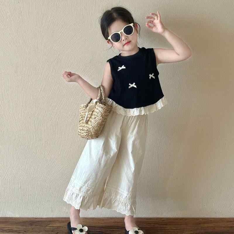 キッズ 女の子 セットアップ ノースリーブ フリル リボン ベスト トップス ワイドパンツ ガウチョパンツ 2点セット プリンセス風 かわいい おしゃれ 子供服 夏 普段着 お出かけ