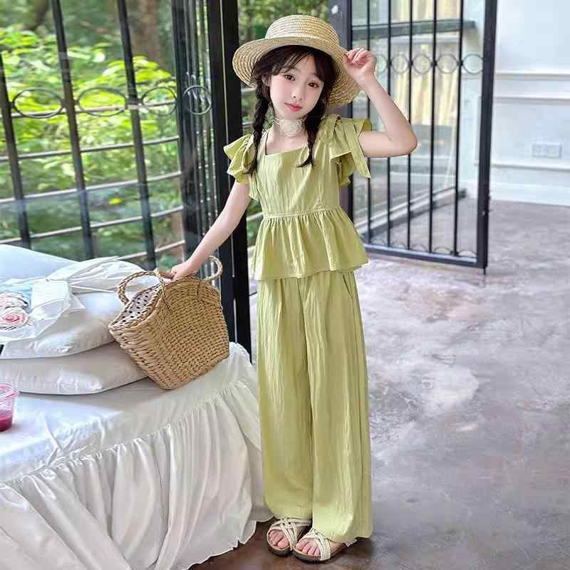 キッズ 女の子 夏服 セットアップ 半袖 フリル袖 トップス ドレープ感 落ち感 コットン 薄手 ワイドパンツ ガウチョパンツ ゆったり カジュアル 普段着 2点セット