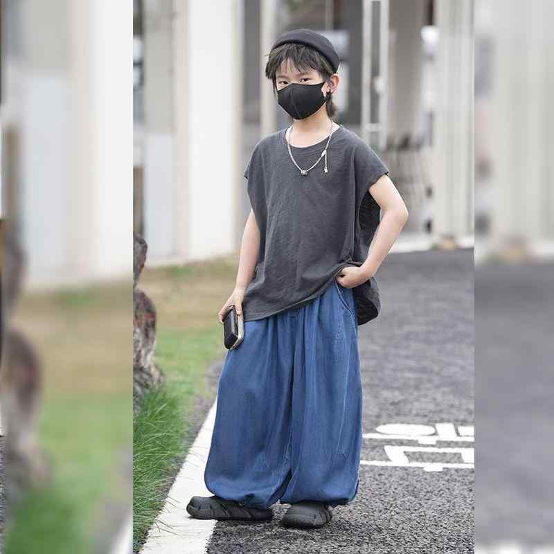 パンツ 男の子 キッズ テンセルデニム 防蚊 薄手 ロング丈 ゆったり バルーンパンツ ルーズフィット 涼しい 通気性 ミドルウエスト カジュアル 普段着 春夏 ブルー