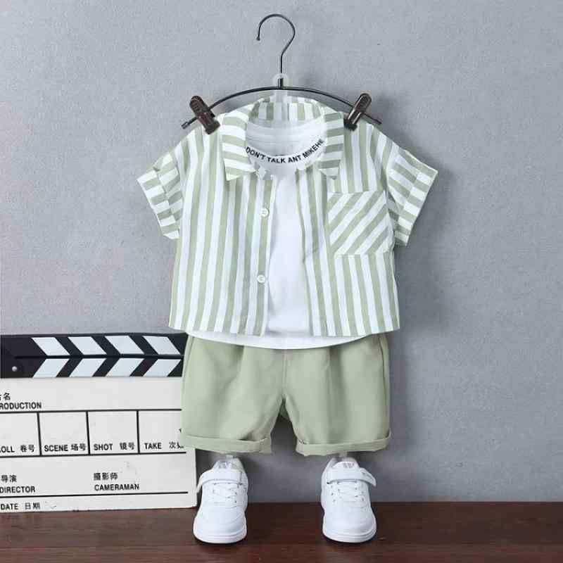 シャツ 男の子 キッズ 半袖 ストライプ柄 ショートパンツ 3点セット 春夏 カジュアル 薄手 普段着 ポリエステル 再生繊維 グリーン ブラック ベージュ