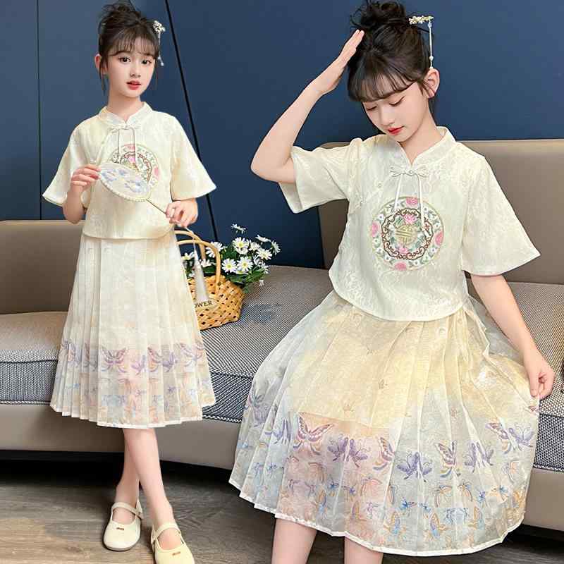 セットアップ 女の子 キッズ 女児 中国風 漢服 馬面スカート ツーピース 春夏 薄手 シフォン ポリエステル 再生繊維